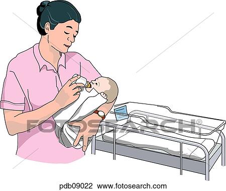 Drawing - Drawing of newborn being fed by nurse in hospital.. Fotosearch