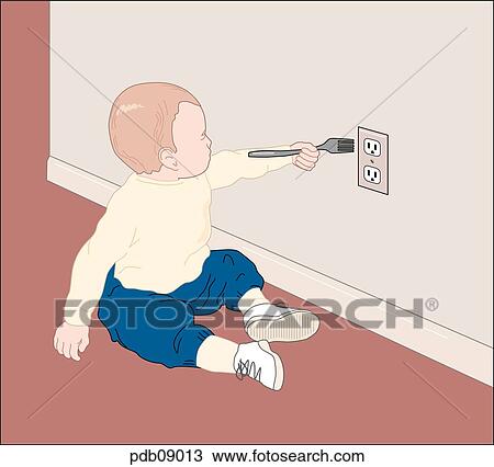 Drawing of toddler about to stick metal fork into wall outlet. View Large Illustration Drawing - Drawing of toddler about to stick metal fork into wall outlet.. Fotosearch