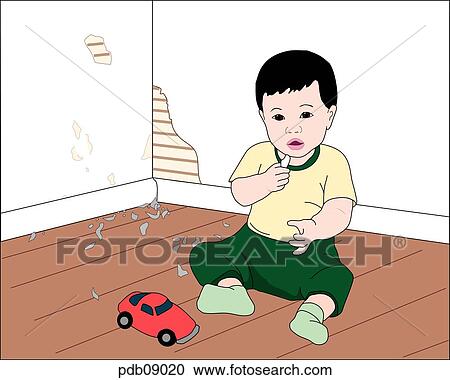 Drawing of toddler eating paint chips from peeling wall. View Large Illustration Clipart - Drawing of toddler eating paint chips from peeling wall.. Fotosearch