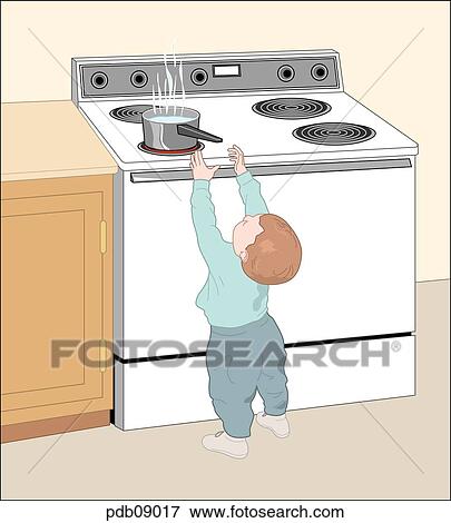 Drawing of toddler reaching for hot pot on kitchen stove. View Large Illustration Stock Illustration - Drawing of toddler reaching for hot pot on kitchen stove.. Fotosearch