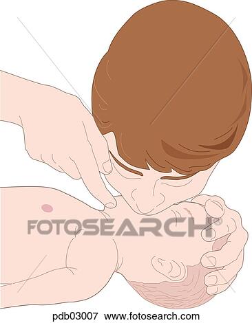 Stock Illustration - Drawing showing adult performing mouth-to-mouth breath assistance for infant.. Fotosearch