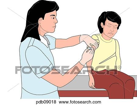 Drawing showing female nurse giving grimacing boy an injection in upper arm. View Large Illustration Stock Illustration - Drawing showing female nurse giving grimacing boy an injection in upper arm.. Fotosearch