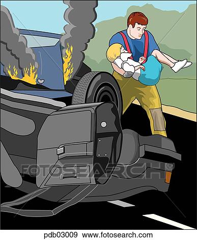 Stock Illustration - Drawing showing paramedic carrying child from burning auto accident.. Fotosearch