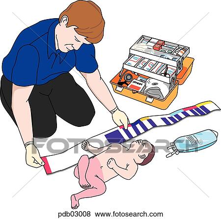 Drawing showing paramedic using Broselow tape to measure infant. View Large Illustration Stock Illustration - Drawing showing paramedic using Broselow tape to measure infant.. Fotosearch