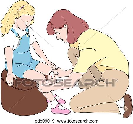 Stock Illustration - Drawing showing woman treating girl's injured knee.. Fotosearch