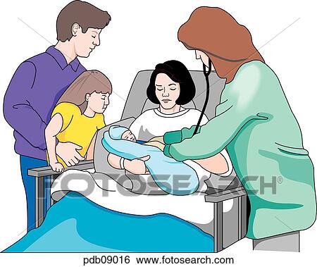 Family group with newborn in hospital. View Large Illustration Stock Illustration - Family group with newborn in hospital.. Fotosearch