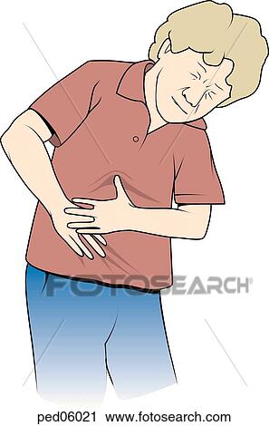 Frontal view of boy grasping abdominal region with both hands with painful expression on face. View Large Illustration Clip Art - Frontal view of boy grasping abdominal region with both hands with painful expression on face.. Fotosearch