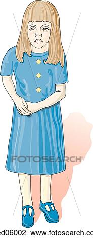 Frontal view of girl grasping lower right abdominal quadrant with both hands; sad expression on face. View Large Illustration Drawing - Frontal view of girl grasping lower right abdominal quadrant with both hands; sad expression on face.. Fotosearch