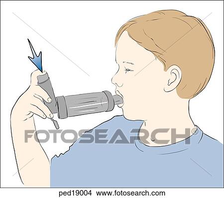 Stock Illustration - Illustration of boy demonstrating proper use of metered dose inhaler with spacer attached.. Fotosearch