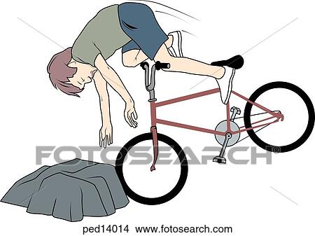 Stock Illustration - Illustration of boy toppling over the front of the handle bars of his bicycle as bike hits large rock; child is not wearing a helmet.. Fotosearch