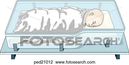 Drawing - Infant laying in open bassinet in hospital room.. Fotosearch