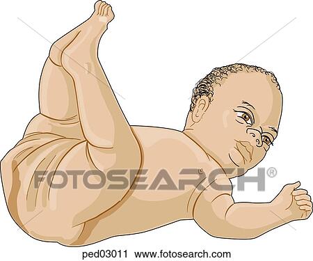 Clip Art - Lateral view of infant lying on back without diaper; both legs lifted into the air, baby's face is turned to face viewer.. Fotosearch