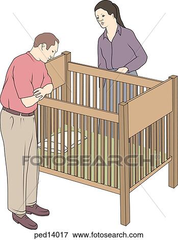 Mother and father gazing sadly into an empty crib. View Large Illustration Stock Illustration - Mother and father gazing sadly into an empty crib.. Fotosearch