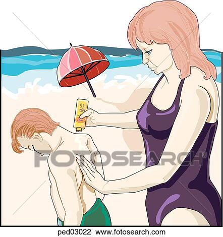 Drawing - Mother applying sunscreen to shoulders of young boy; beach in background.. Fotosearch