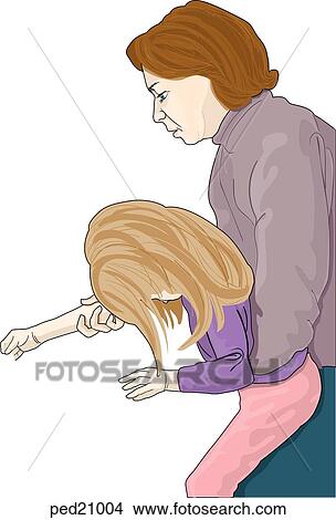 Stock Illustration - Mother holding child, extending childs right arm.. Fotosearch
