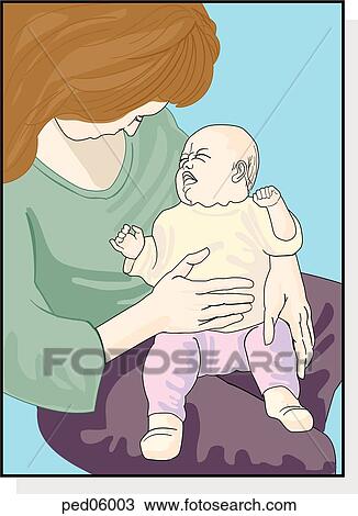 Drawing - Mother holding screaming baby in lap; her right hand rubs infant's stomach.. Fotosearch