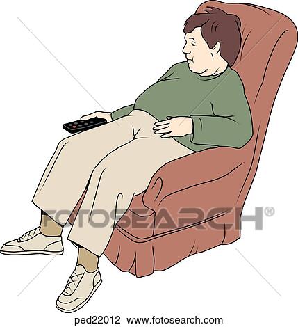 Drawing - Obese child sitting in chair watching television.. Fotosearch