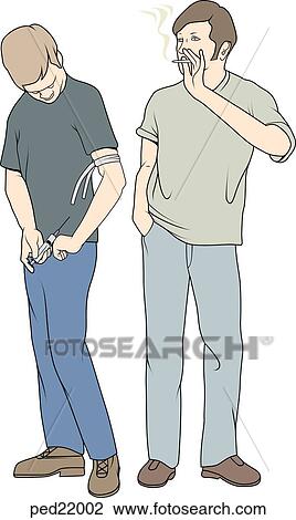 One teenager smoking marijuana while another is injecting a drug into his arm. View Large Illustration Drawing - One teenager smoking marijuana while another is injecting a drug into his arm.. Fotosearch