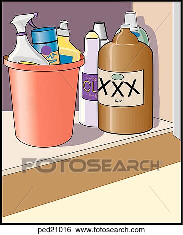 Stock Illustration - Open cabinet containing dangerous household products in easy reach of a young child.. Fotosearch