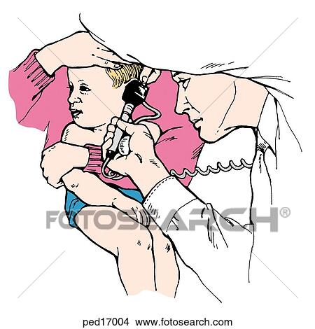 Stock Illustration - Otolaryngologist examing a a child's ear with an otoscope; note that child is being held by parent.. Fotosearch