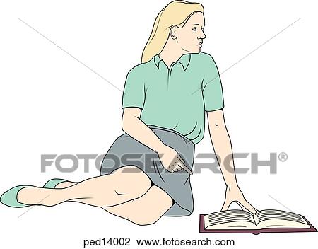 Teacher sitting on floor pointing at book. View Large Illustration Drawing - Teacher sitting on floor pointing at book.. Fotosearch