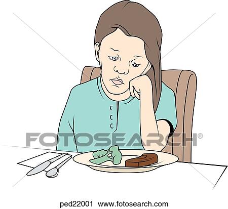 Clip Art - Thin girl with anorexia nervosa eating a small meal.. Fotosearch