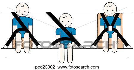 Three images showing children in adult restraints; (left) shoulder and lap belts with booster seat; (middle) shoulder and lap belt without any height adjustment; (right) child seat with harness. View Large Illustration Drawing - Three images showing children in adult restraints; (left) shoulder and lap belts with booster seat; (middle) shoulder and lap belt without any height adjustment; (right) child seat with harness.. Fotosearch