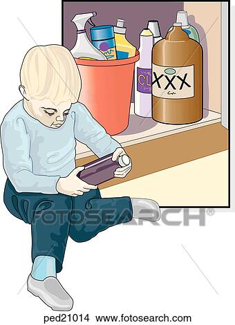 Stock Illustration - Toddler trying to open dangerous household product left under a sink.. Fotosearch