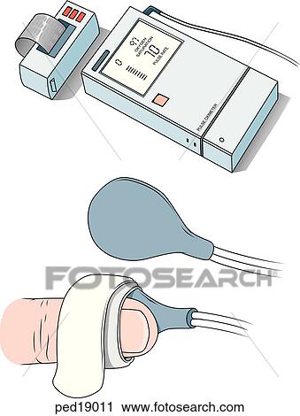 Clip Art - (Top) Freestanding portable pulse oximeter displaying heart rate and arterial oxygen saturation; (bottom) pulse oximetry probe attached to finger of child.. Fotosearch
