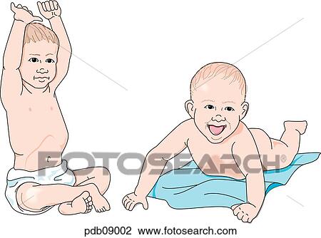 Drawing - Two babies, one sitting up with arms raised and one creeping.. Fotosearch