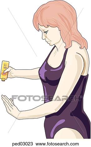 Woman in bathing suit applying sunscreen. View Large Illustration Drawing - Woman in bathing suit applying sunscreen.. Fotosearch