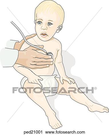 Young boy having his chest auscultized by physician. View Large Illustration Clip Art - Young boy having his chest auscultized by physician.. Fotosearch