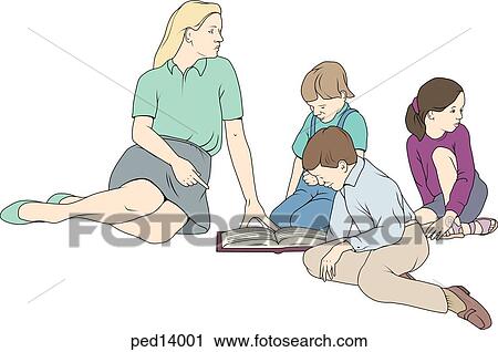 Clip Art - Young child with attention deficit disorder being distracted as other children listen attentively to teacher.. Fotosearch