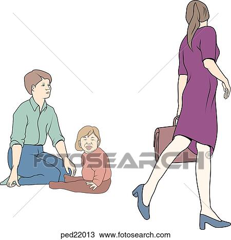 Drawing - Young child with babysitter crying as he sees the mother walking away.. Fotosearch