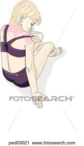 Clip Art - Young girl pulling bathing suit strap aside to reveal sunburn lines on her shoulder.. Fotosearch