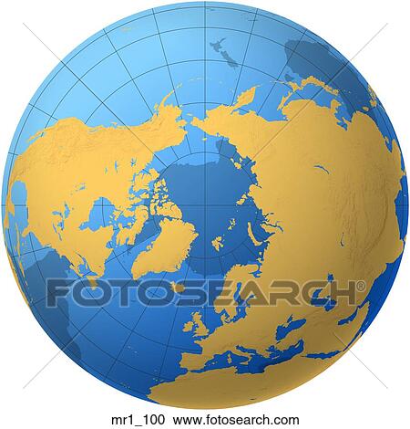 Stock Image - globe, map, north pole, relief, terrain. Fotosearch