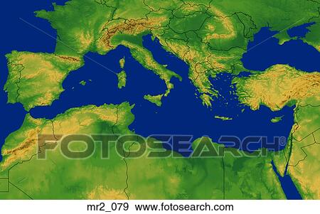 Stock Photo - europe, map, mediterranean, relief, terrain. Fotosearch