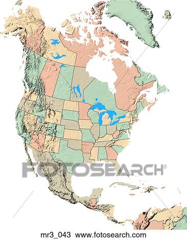 Stock Image - map, relief, political, north america, atlas. Fotosearch