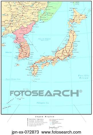 Stock Image - Map of Japan Region, with Country Boundaries. Fotosearch