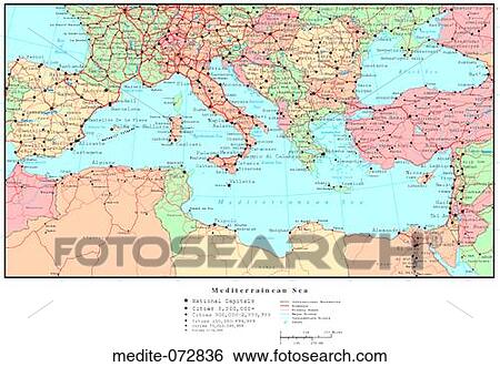 Stock Photograph - Map of Mediterranean, with Country Boundaries. Fotosearch