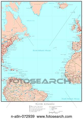 Stock Photo - Map of North Atlantic Ocean, with Country Boundaries. Fotosearch