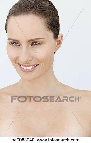 Close up portrait of smiling woman with bare chest Stock Image ...