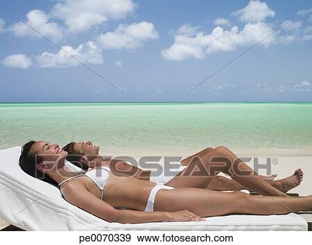 Sunbathing On Lounge Chairs Beach Stock Photo Sunbathing On Lounge Chairs
