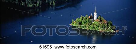 Stock Photography - Church Lake Bled Slovenia . Fotosearch