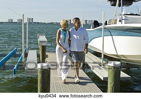 Picture - Couple walking on a pier. Fotosearch