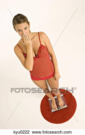 Stock Image - Portrait of a young woman standing on a bathroom scale with her hand covering her mouth. Fotosearch