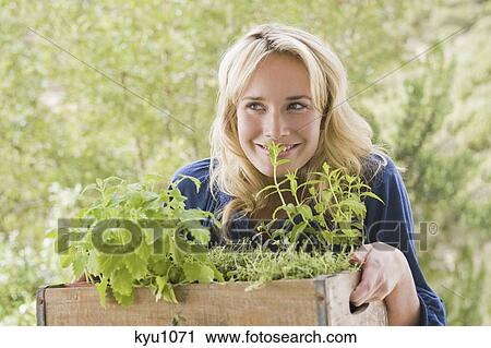 Stock Image - Woman carrying a crate of plants. Fotosearch