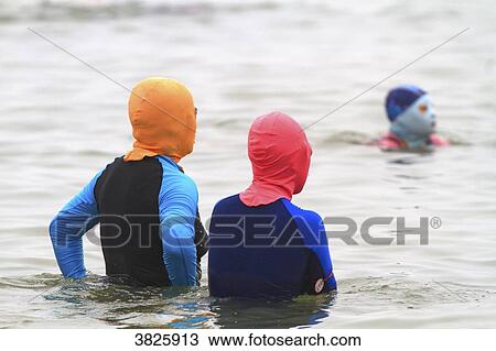 Stock Image - Asia, China, Shandong Province, Qingdao. Huiquan Bay, Beach Number 1. Facekini. Fotosearch