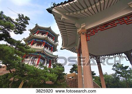 Asia, China, Shandong Province, Qingdao. Temple in Xiao Yushan Park. Little fish hill View Large Photo Image Stock Image - Asia, China, Shandong Province, Qingdao. Temple in Xiao Yushan Park. Little fish hill. Fotosearch