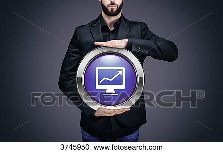 Businessman holding a circle containing the symbol Computer View Large Photo Image Stock Image - Businessman holding a circle containing the symbol Computer. Fotosearch